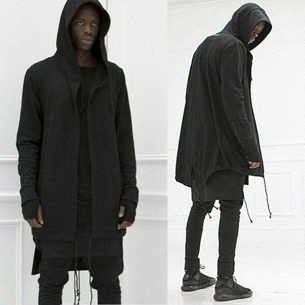 Fashion Men Punk black Hooded Jacket Long Cardigan Black Ninja Goth Hoodie Coat