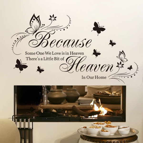 Wall Decal Sticker Because Heaven Butterfly English Quotes Home Decoration Viny Size 95 Cm Color Black