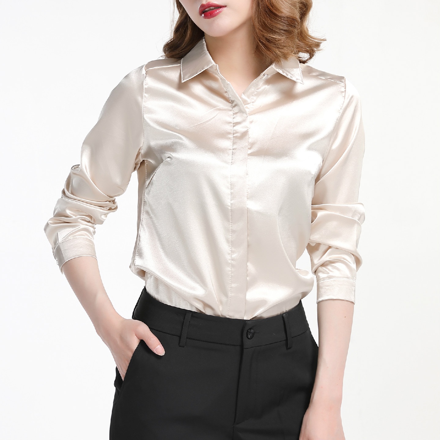Ladies Faux Silk Satin Shirt Long Sleeve Button Down Formal Work OL ...