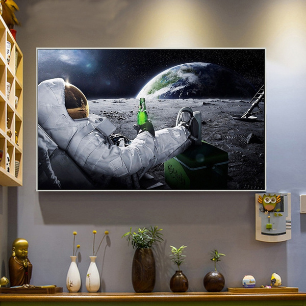Unframed Printed Poster Astronaut Drinking Beer On The Moon Canvas Modern Oil Art Painting Home Wall Decal Photo 50 X 70 Cm