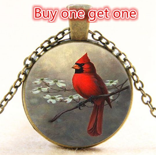 Red bird in the Snow Cabochon Glass Tibet Silver Chain Pendant Necklace