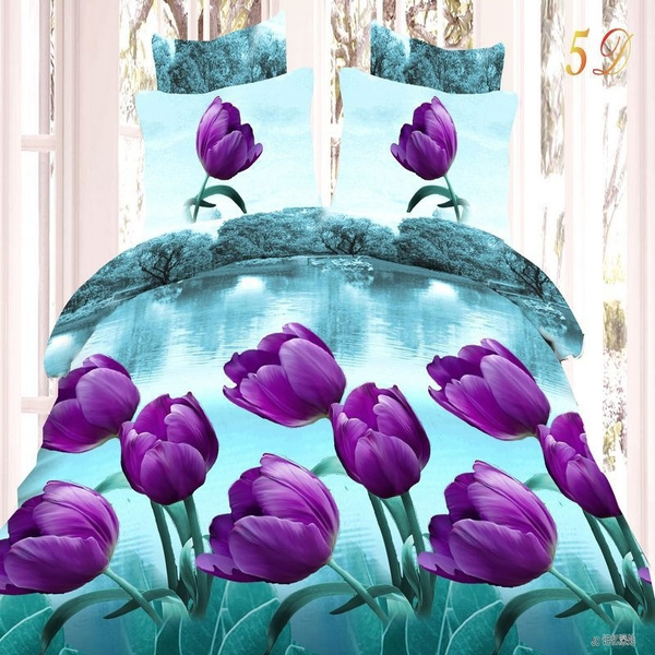 3d Purple Flowers Printing Bedding Set 4pcs Blue Duvet Cover Set