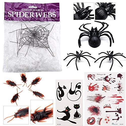 Halloween Decoration Set White Spider Web 1 Bag Big Spider 1 Small Spiders 150 Cockroaches 50 Bloody Tat Set 1 And Kitty Tattoo Set