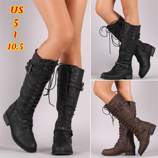 flat lace up knee high boots