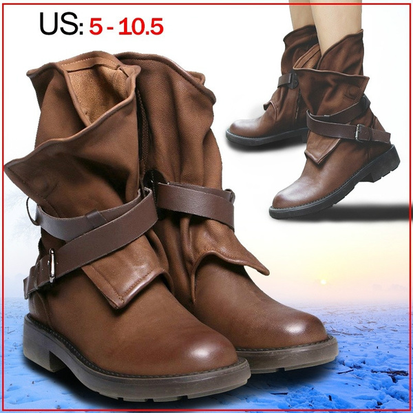 Women's Fashion Mid-Calf Low Heel Round Toe Big Buckle Boots Shoes Size 5-10 NEW