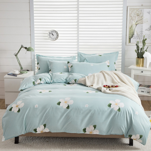 White Flower Light Blue Bedding Pillowcase Duvet Cover Set Quilt