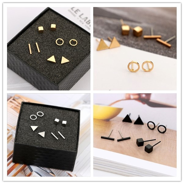 4Pairs//Set Geometric Triangle Gold Silver Tiny Circle T Bar Earring Earrings New