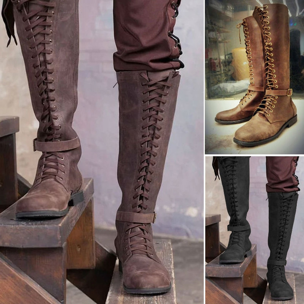 Men Vintage Knight Knee High Lace Up Boots Steampunk Leather Tall