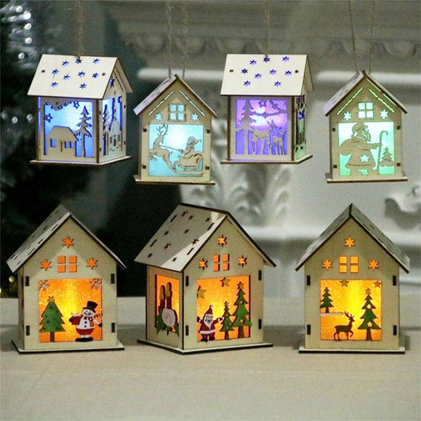 LED Light Wood House Christmas Tree Hanging Ornaments Xmas Holiday Decoration