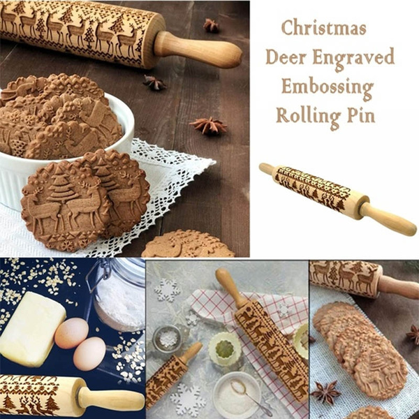 Christmas Reindeer Engraved Embossing Rolling Pin for DIY Baking Cookies Biscuit