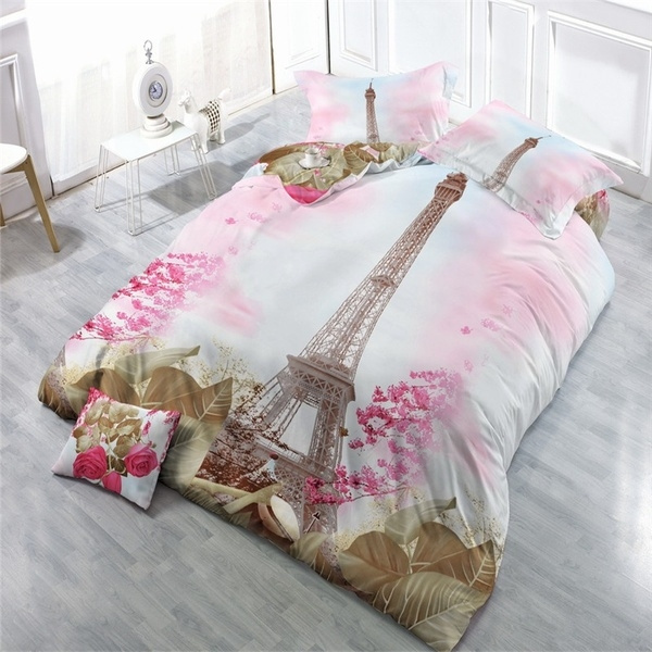 Suyu Pink Eiffel Tower Paris Quilt Cover With Pillow Case Bedding