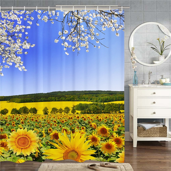 A Bunch of Sunflowers Summer Flower Bathroom Fabric Shower Curtain With Hooks 
