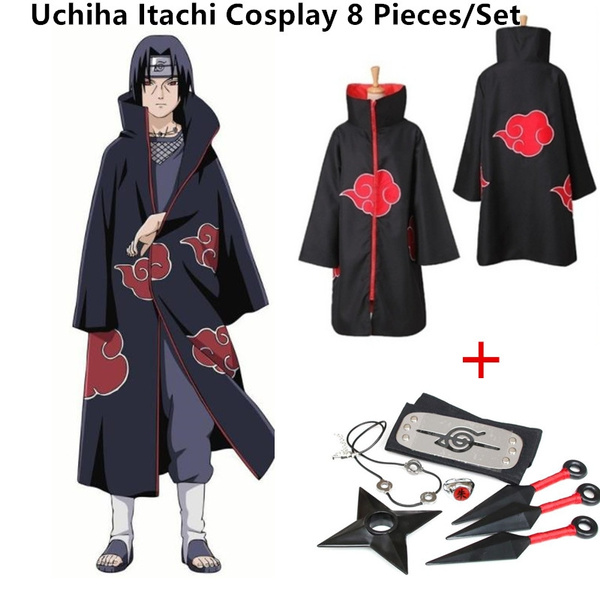 Japanese Cosplay Anime Naruto Akatsuki Itachi Uchiha Deluxe Coak 7 Piece Accessories