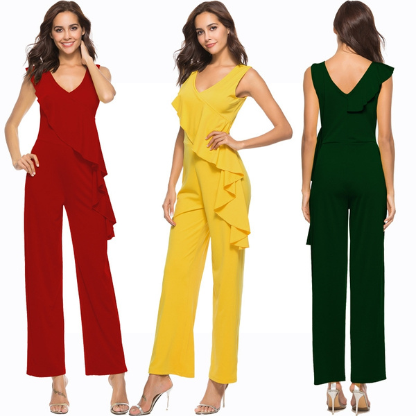 Women Classic Pure Color Formal Female V Neck Slim Crossbody Large Ruffled Backless Tight Bodysuit Sculpting Wide Leg Pants Jumpsuit Retro Sling Rompers Trousers Plus Size Wish