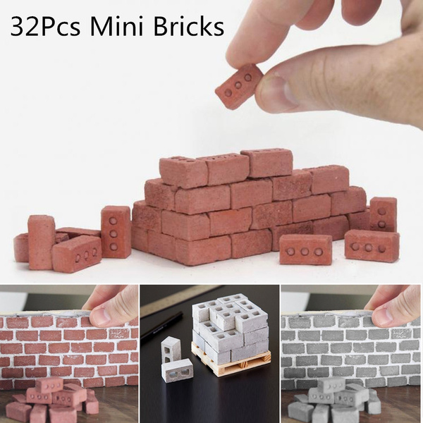 NEW 32Pcs Mini Cement Cinder Bricks Build Your Own Tiny Wall Mini Red Bricks U