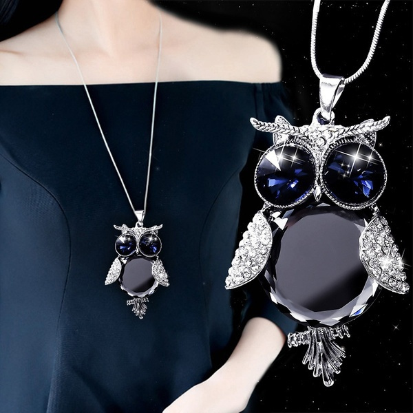 Women Fashion Crystal Rhinestone Owl Pendant Necklace Sweater Chain Jewelry Gift