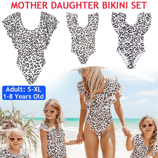 Womens One Piece Bikini Parent-Child Family Matching Swimsuit Leopard Ruffle Beachwear
