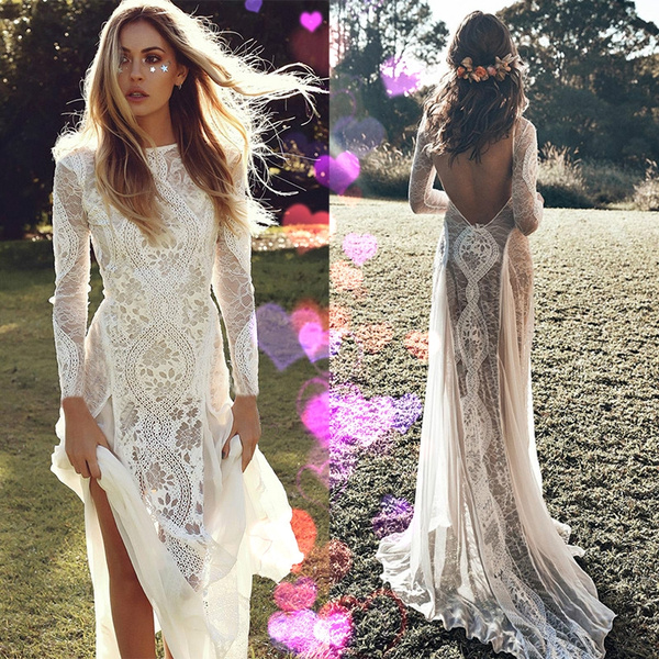 Vestiti Per Cerimonia Wish.2019 New Lace Backless Floor Length Wedding Dress Chiffon Evening