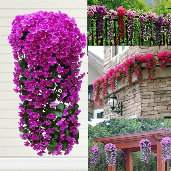 Fashion Hanging Wall Artificial Violet Orchid Flowers Home Rattan Basket Decors