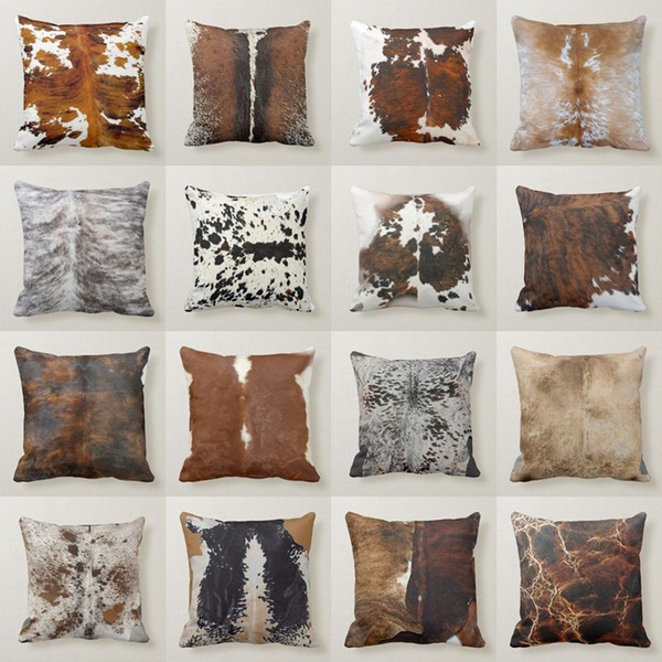 Leather Cowhide Brindle Brown Pelt Throw Pillow Cushion Cover Wish