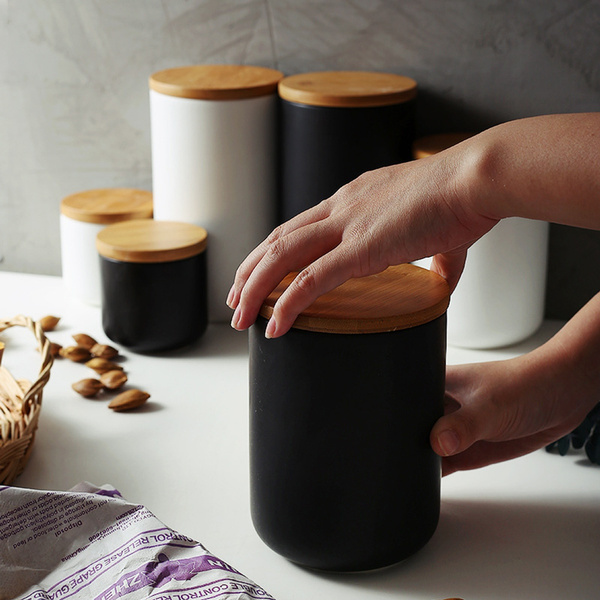 Ceramic Storage Jars Wooden Lids Tea Coffee Sugar Canisters