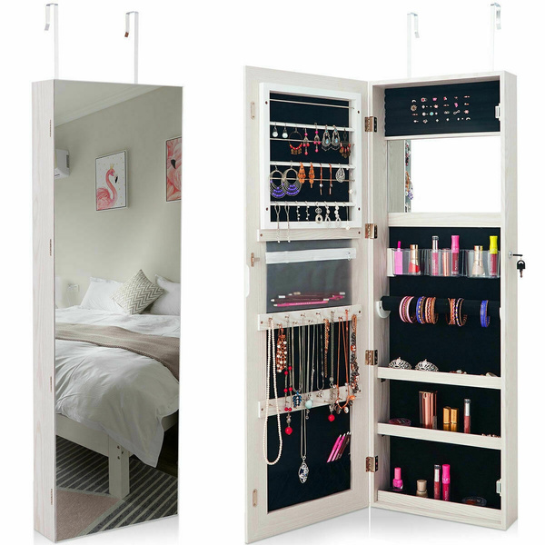 Lockable LED Wall Mounted Over The Door Jewelry Cabinet Armoire Makeup Storage