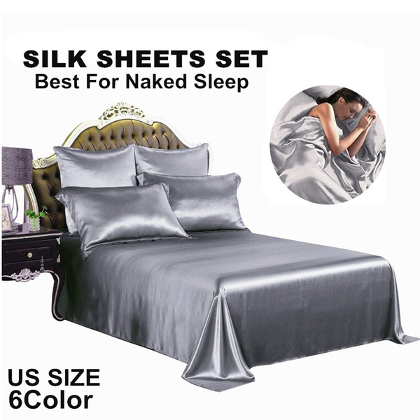 Us Size Super Luxury Summer Grey Satin Silk Sheets Set For Nude