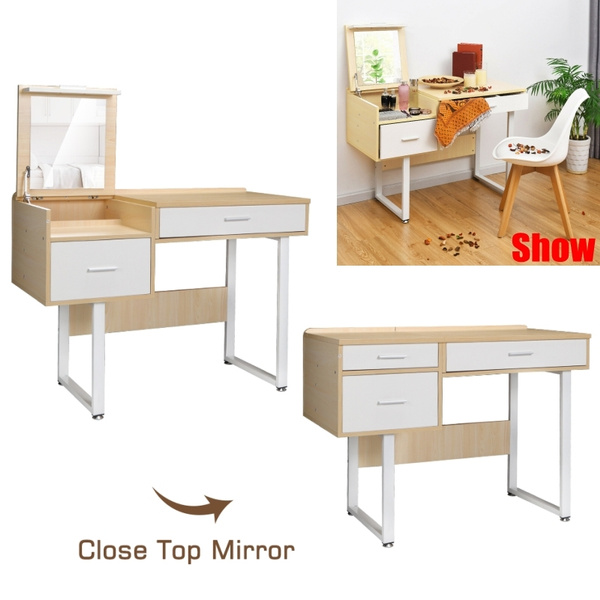 Vanity Table With Flip Top Mirror Wood Makeup Dressing Desk