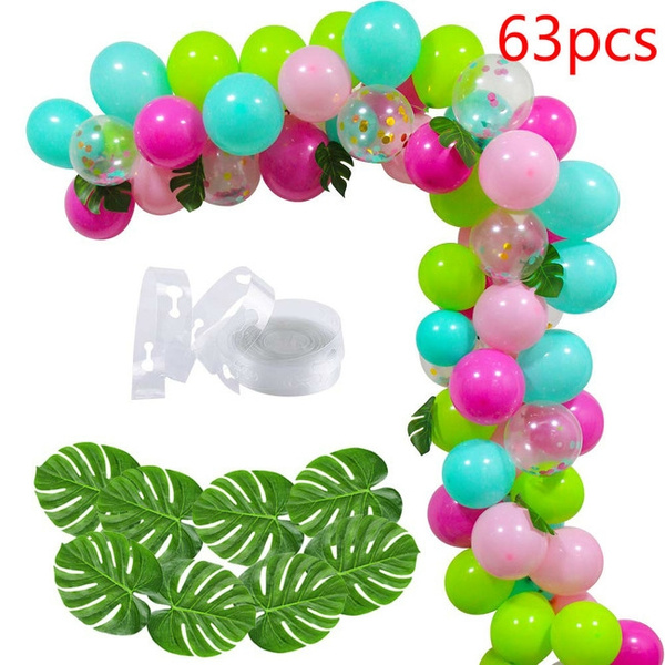 65pcs Set Diy Balloon Arch Kit With Blue Green Rose Confetti Balloons Palm Leaves Balloon Chain For Birthday Wedding Hawaii Tropical Themed Party