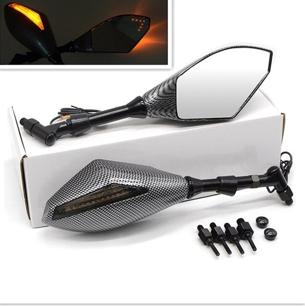 Motorcycle Carbon LED Turn Signal Light Rearview Side Mirrors Universal 8mm 10mm