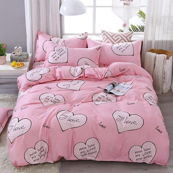Home Living Love Hearts Printed 3 4pcs Cotton Bed Sheet Pillow