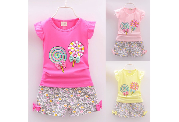 Summer Toddler Kids Baby Girl Outfit Clothes Print T-Shirt+Bowknot Shorts Set US