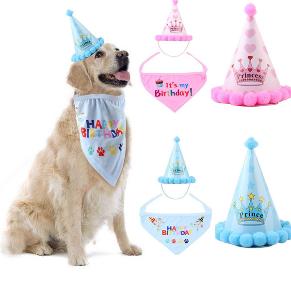 Blue Pink Cute Pet Cat Dog Birthday Party Caps Hat Triangular Bandage Bibs Scarf Set Birthday Party Supplies Decorations Set For Pets Dogs Cat Happy