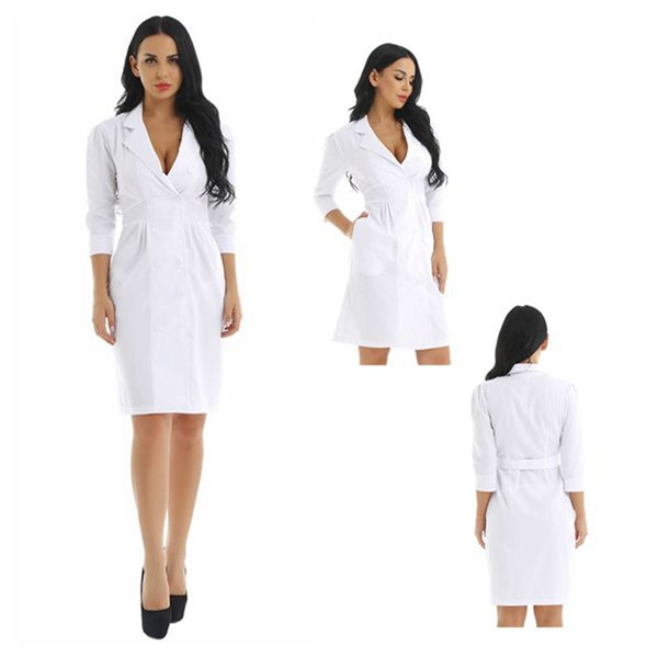 Women's White Coat Tuck Waist Scrub Dress Lab Medical Nurse Doctor ...