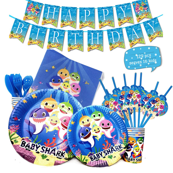 Baby Shark Party Supplies 129 Pcs Baby Shark Birthday Decorations Includes Disposable Tableware Kits Plates Cups Table Napkin And Happy Birthday Banner Serves 16 Guest Wish