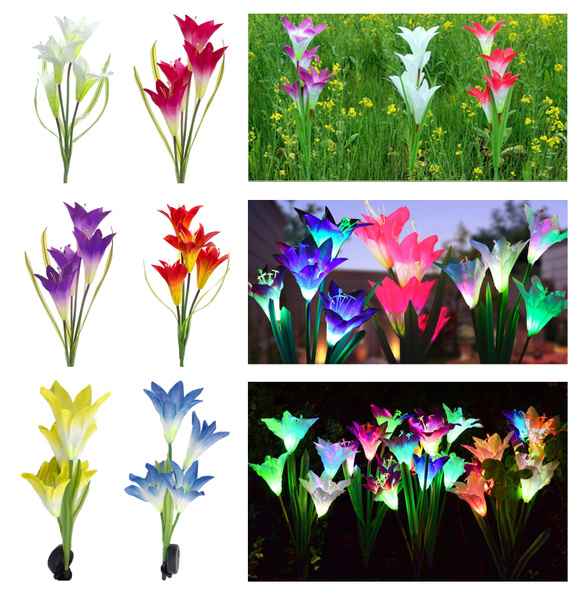 4 LED Solar Power Lily Flower Stake Lights Outdoor Garden Path Luminous Lamps