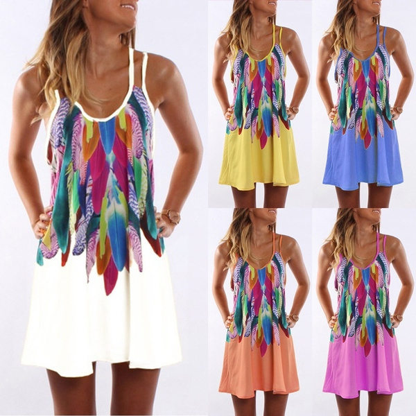 Plus Size Women Boho Mini Dresses Ladies Summer Printed Casual Beach Sun Dress