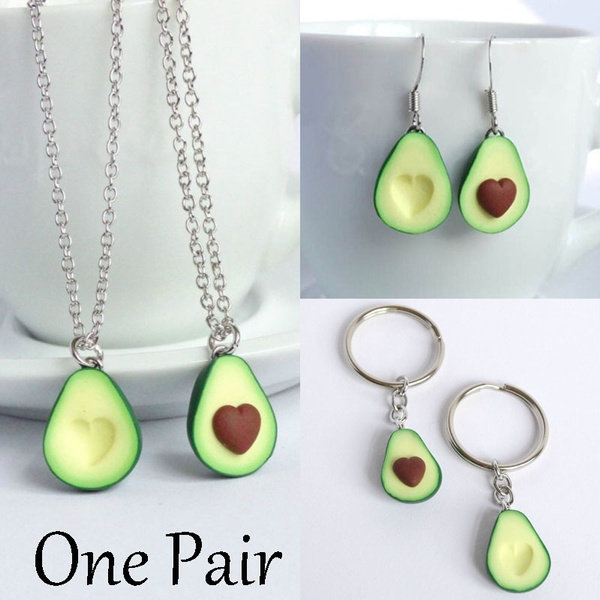 Jewelry Set Valentines Keychain Green Avocado Necklace Long chain Earring