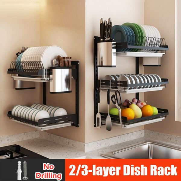 Double Three Layers 304 Stainless Steel Kitchen Shelf Rack Drying Drain Storage Plate Dish Rack Holders Wish