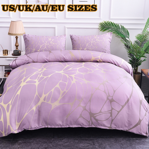 Gold Line Pattern Printed 2 3pcs Purple Bedding Set Comfortable