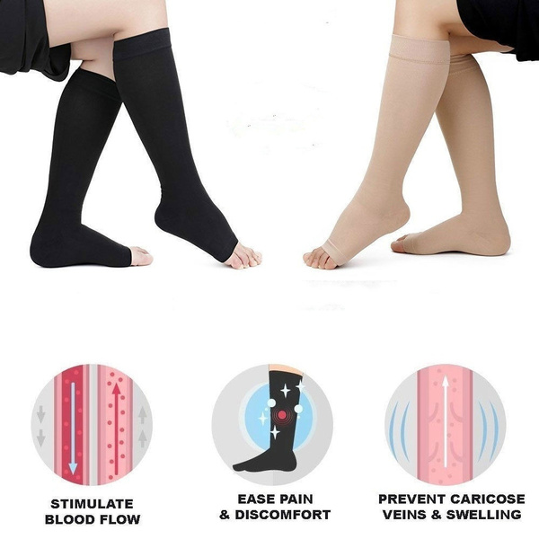 L-3XL Foot Care Open Toe Compression Knee High Anti-Fatigue Socks（Black/Nude）
