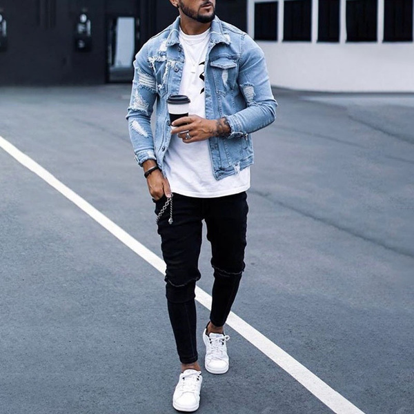 Style Casual Slim Fit Ripped Jeans Coat 