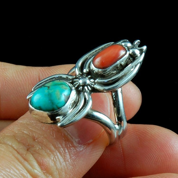 Vintage Silver Antique Turquoise Stone Ring Tribal Gipsy Boho Fine Jewelry 5-10