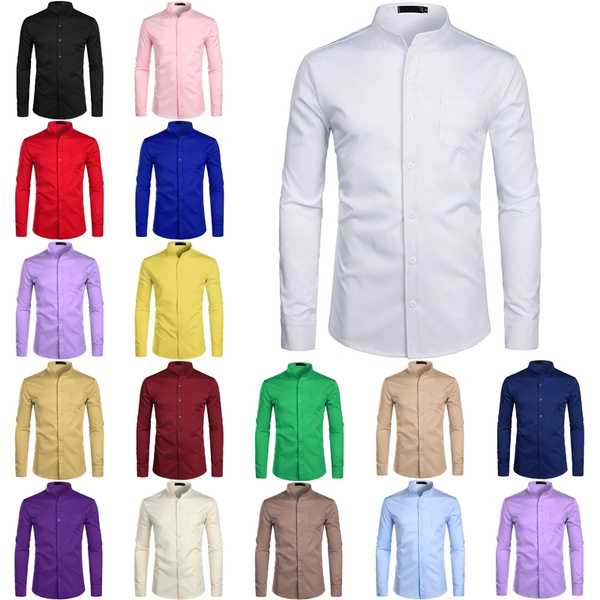 16 Colors Mens Collarless Banded Collar Shirts for Men Stylish Slim Fit ...