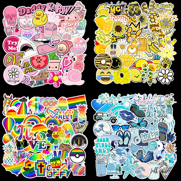 50pcs Pvc Waterproof Vsco Girls Kawaii Pink Blue Yellow Sticker Toys Luggage Stickers For Motor Car Suitcase Laptop Decals Wish