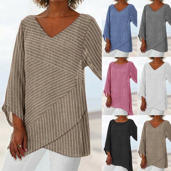 Women Plus Size O-Neck Polka Dot Printed Loose Linen Tunic Shirt Blouse Top Tee