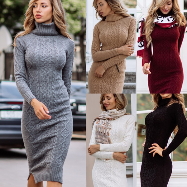 Women High Collar Long Sleeve Knitwear Winter Ladies Knitted Sweater Dress