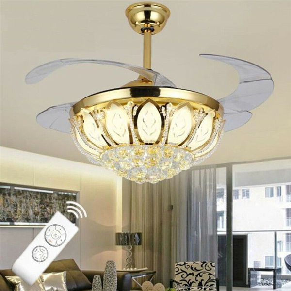42" Crystal Gold Invisible Ceiling Fan Light Lamp Chandelier Fixtures Home Decor