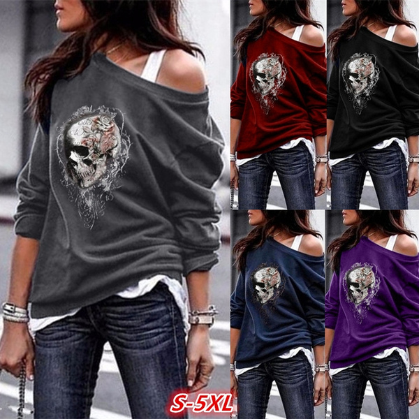 Women Gothic Skull One Shoulder Pullover Blouse Ladies Long Sleeve T Shirt Tops