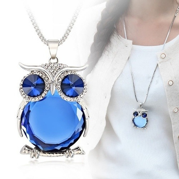 Women Owl Rhinestone Crystal Pendant Animal Long Chain Sweater Necklace Jewelry